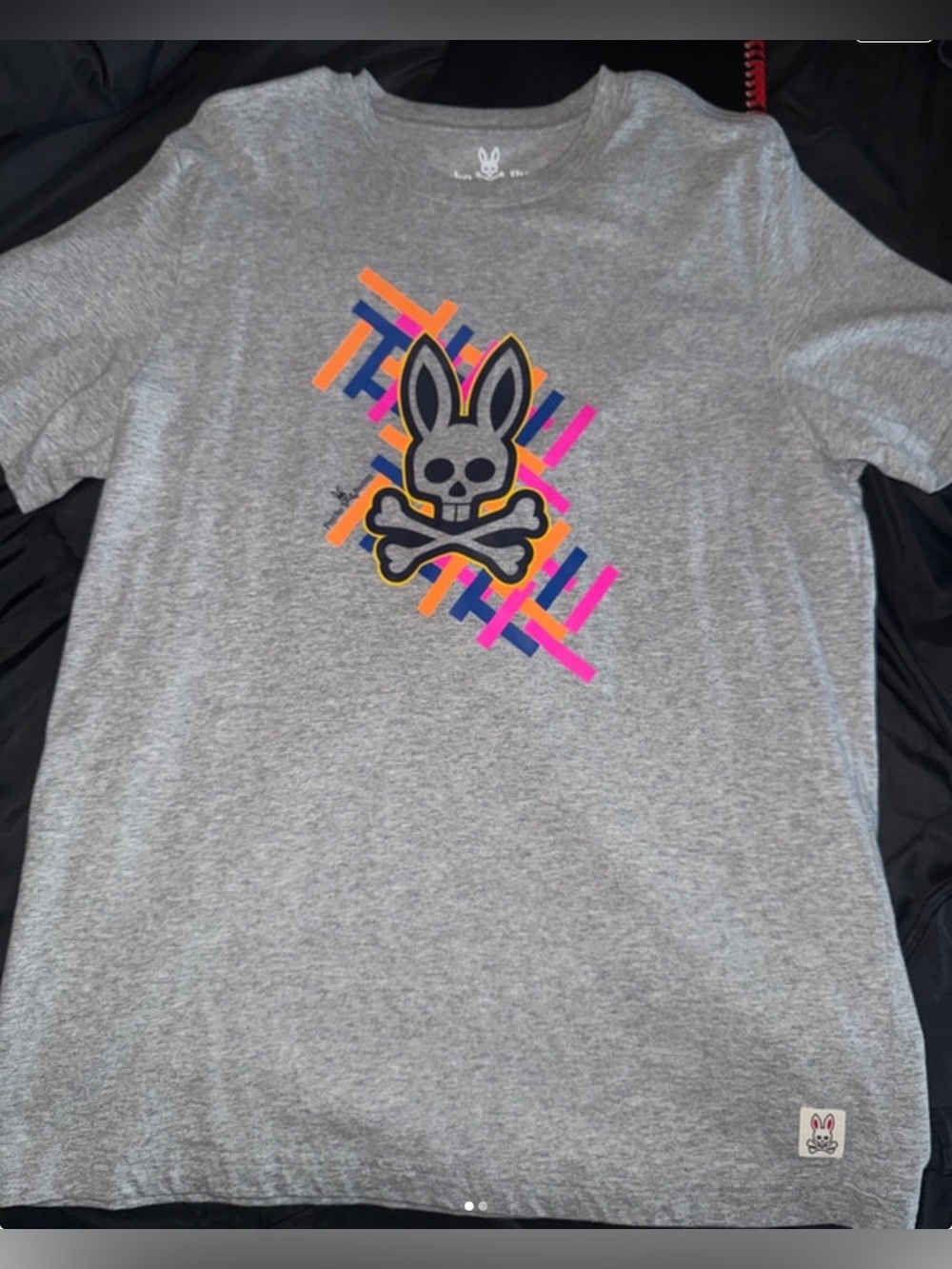 Psycho Bunny Grey Tee with Neon Graphic Bunny Skull